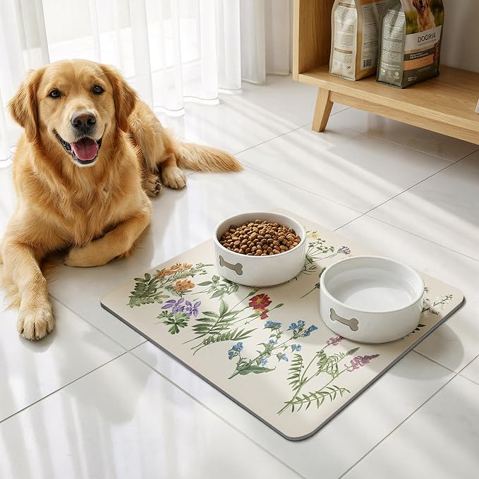 LOKHOM Dish Drying Mat for Kitchen Counter, 12"x20" Absorbent Coffee Bar Mat with Vintage Sage Flower Herbs, Dish Drainer Rack Mat for Kitchen Counter