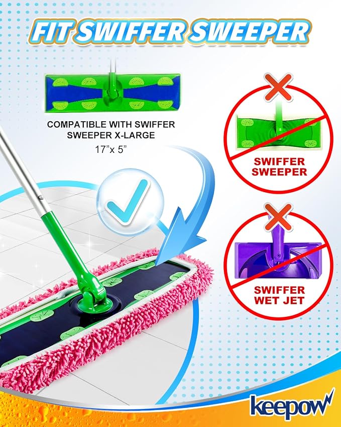 KEEPOW Reusable Microfiber Mop Pads for Swiffer XL Mop | 2 Pack Pink, XL Dry Sweeping Cloths, XL Wet Pads Refills, Heavy Duty Mopping Cloths for Floor Mopping and Sweeping