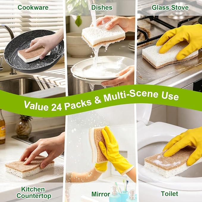 HOMEXCEL Sponges Kitchen, 24 Packs Non-Scratch Natural Sponge for Dishes Cookware, Biodegradable Cellulose Scrub Sponges for Dishwashing Cleaning Household Bathroom