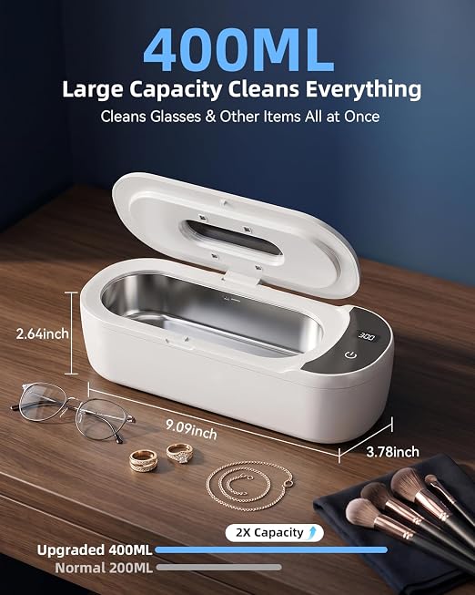 KUNPHY Ultrasonic Jewelry Cleaner, 400ml Sonic Cleaner for Rings, Glasses | 4 LED Light & Display, 48kHz Ultrasonic Cleaner, 400ml 304 Tank, Quiet 45dB, Dual 5/10min Timers, Overheat Protection, White