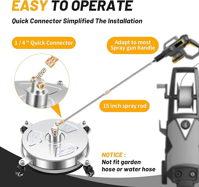 LidoDola 14'' Pressure Washer Surface Cleaner, Power Washer Accessory | Stainless Steel Housing with 4 Wheels, 1/4" QC, 2 Extension Wands & 2 Replacement Nozzles, for Gas & Electric Pressure Washer