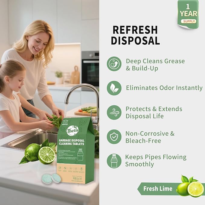 Whitecat Garbage Disposal Cleaner Tablets, 24 Pack (1 Year Supply) – Foaming Lime Deodorizer for Sink, Removes Grease & Build-Up, Bleach-Free, Safe for All Disposals