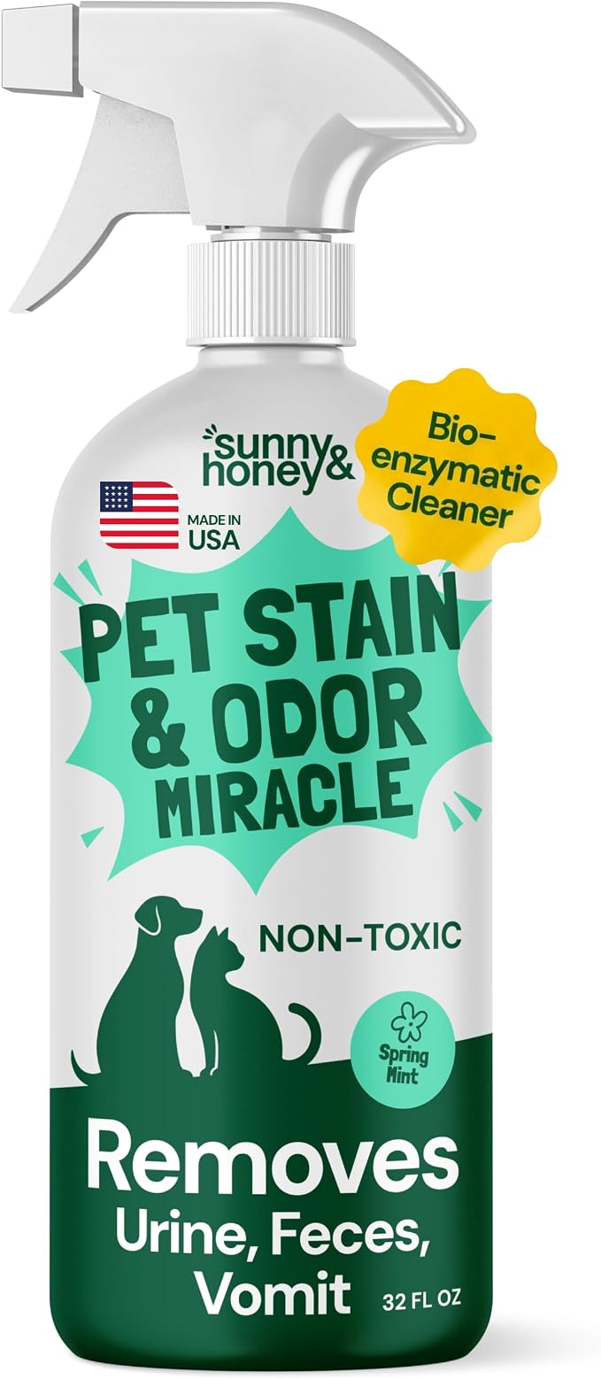 Sunny & Honey Pet Stain and Odor Remover Spray for Carpets, 32floz Mint | USA Made - Enzyme Cleaner for Dog Urine & Poop - Eliminates Set In Stains - Color Safe - For Rugs, Furniture & Car Seats