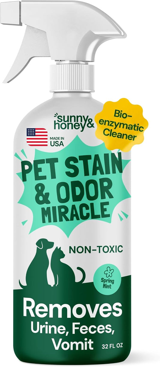 Sunny & Honey Pet Stain and Odor Remover Spray for Carpets, 32floz Mint | USA Made - Enzyme Cleaner for Dog Urine & Poop - Eliminates Set In Stains - Color Safe - For Rugs, Furniture & Car Seats