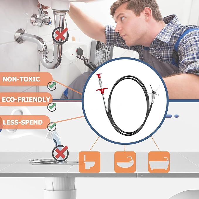 61 Inch Drain Snake Clog Remover, Flexible Grabber Tool with Strong 4-Claw, for Sink, Shower, Bathtub, Kitchen Drain & Toilet