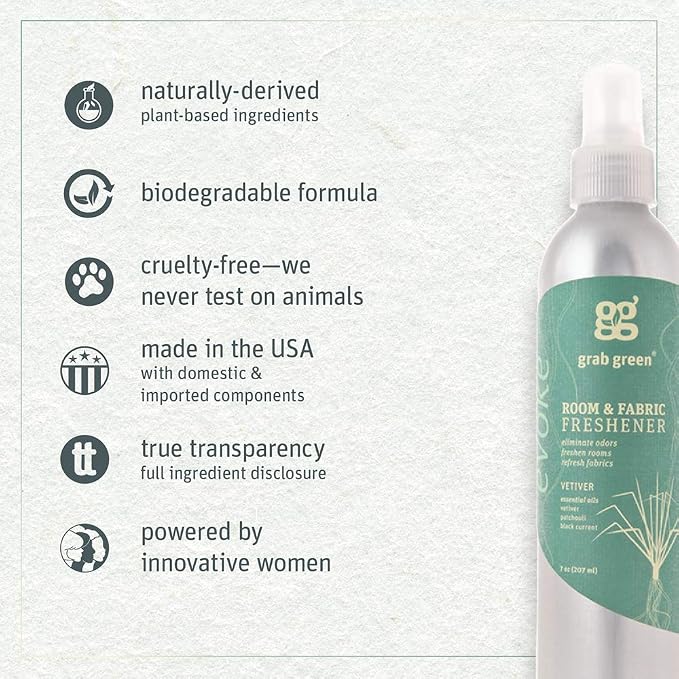 Grab Green Room and Fabric Freshener Spray, Vetiver, 3 x 7 oz Bottles | Plant & mineral-based, Odor Eliminator, Naturally derived, Made in USA