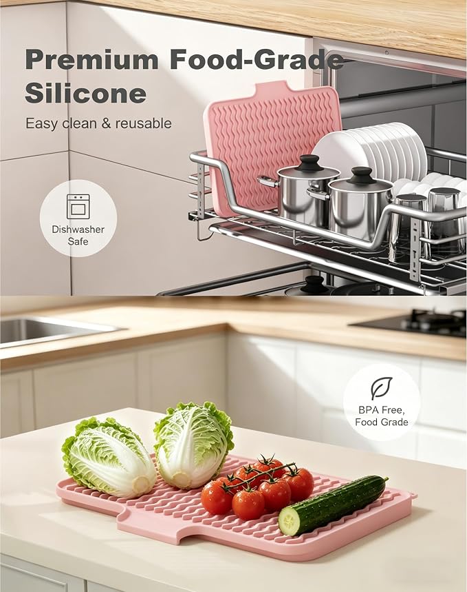Rnivvi Silicone Dish Drying Mat for Kitchen Counter, 16 x 12" Drainer Pad with Drainage Spout, Easy Clean Dish Rack Mat for Dishes, Non-Slip Countertop Protector Heat Resistant Trivet, Utensils, Pink