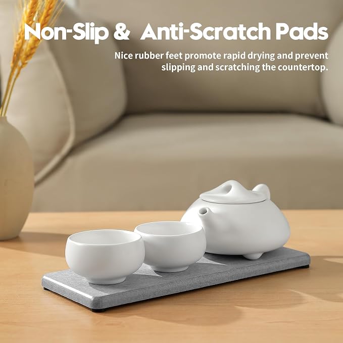 Razborci 2PCS Bathroom Counter Vanity Trays, Water Absorbing Diatomite Stone Quick Drying Mat for Kitchen Sink Counter, Dish Rack Soap Dispenser Sponge Holder Caddy Organizer, Light Gray, 9"x 3.5"