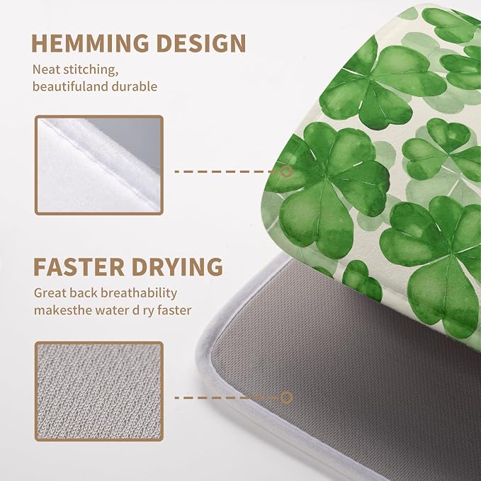 Green Clover Shamrock Dish Drying Mats for Kitchen Counter 16x18 In Happy St. Patrick's Day Lucky Clovers Dish Drainer Mats Spring Sage Leaf Microfiber Drying Pad Dish Dryer Mat for Coffee Bar