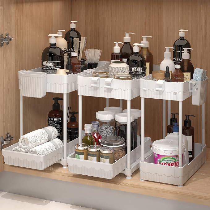 Sevenblue 3 Pack Under Sink Organizers, 2-Tier Multi-Use Kitchen and Bathroom Organizers and Storage with Sliding Drawers, Bathroom Cabinet Organizer (White, 14.8 Inch) | Multi-use kitchen & bathroom storage, 14.8 inch white cabinet organizer, space-sa...