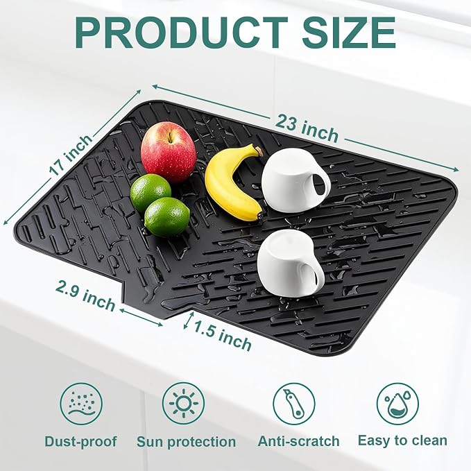 Silicone Dish Drying Mat 23x17,Food-Grade Silicone,Easy Clean Pad for Countertop Protection,Heat Resistant,Easy Clean,Non-Slip Drain Pad with Built-in Drain,Multi-Functional Use,Black