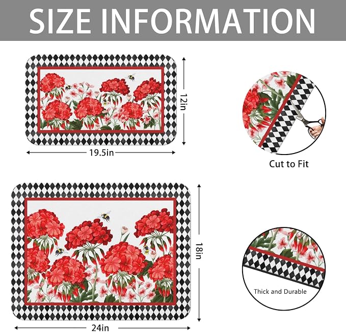Dish Drying Mat 2-Pack Red Floral Bee Check for Kitchen Counter Dishes | Diatom Mud Mats (18x24, 19.5x12"). Non-slip rubber back for kitchen counter, coffee bar & sink scenes