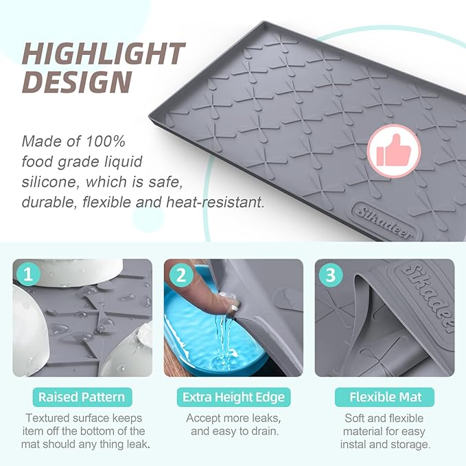 SIKADEER Waterproof Under Sink Mat 22x19, Raised Edge Silicone Mat Under Sink Shelf Liner, Sink Protector Kitchen Cabinet Tray for Bathroom Vanity and Small Cabinets, Cat Food Mat