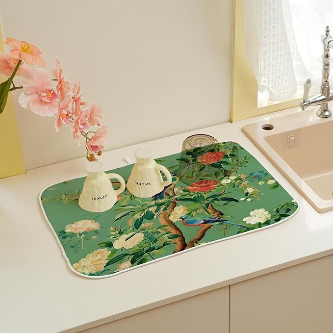 Chinoiserie Dish Drying Mat 18 x 24 Inch Vintage Green Bird Floral Drying Mat for Kitchen Counter Absorbent Spring Summer Green Dishes Dry Pad for Drainer Rack Kitchen Fast Dry