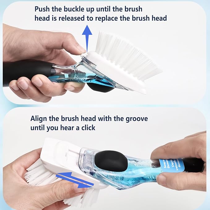 Dish Brush Refill Head 4 Pack Compatible with OXO Dish Brush Head | Stiff nylon bristles, built-in scraper, twist-to-replace mechanism, durable plastic, for soap dispensing models