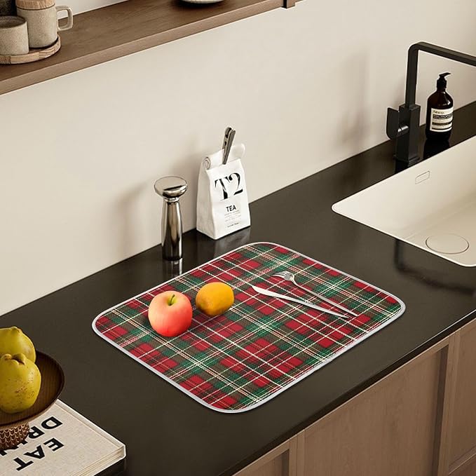 Christmas Red Green Buffalo Checkered Dish Drying Mat for Kitchen Counter Absorbent Microfiber Large Drying Pad Dish Mats for Kitchen Countertops 18 x 24 Inch