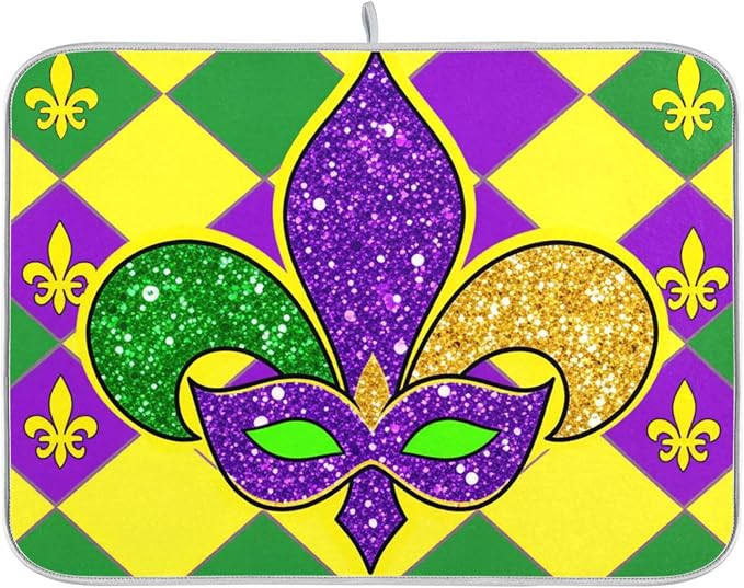 Mardi Gras Fleur De Lis Dish Drying Mat 16 X 18 Inch Rhombus Carnival Mask Absorbent Microfiber Dry Dishes Pads Tableware Mats Protector for Kitchen Countertops Counter Home Decorations