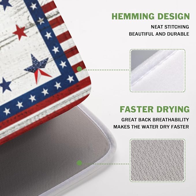 4th of July Patriotic Dish Drying Mat for Kitchen Counter Vintage Red and Blue Star Microfiber Dish Drainer Mat Country Absorbent Washable Drying Pad 16"x18"