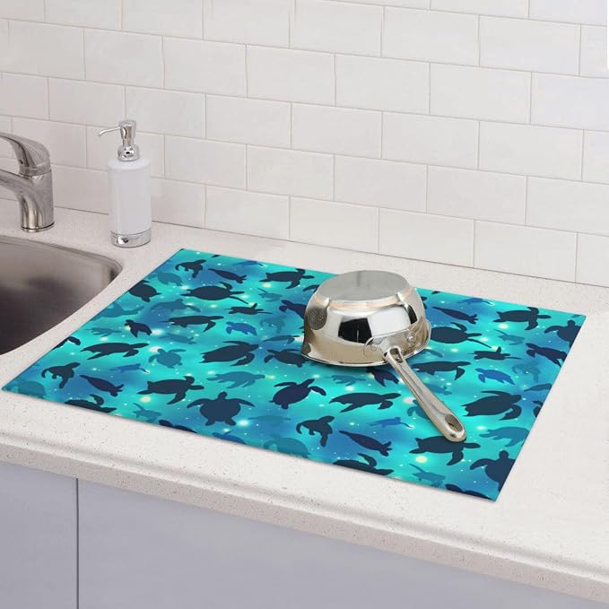 Sea Turtles Blue Dish Drying Mat For Kitchen Counter, Super Absorbent Microfiber Dish Drying Pad, Kitchen Gadgets For Easy Clean Multi-Use Large 18"x24"