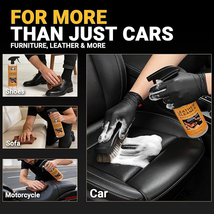 Car Leather Cleaner and Conditioner Kit, Leather Care Cleaning Kit with Horse Hair Cleaning Brush - Safe for Car Interiors, Furniture, Boots, Bags & Apparel - Deep Cleaning, Non-Greasy Restorer
