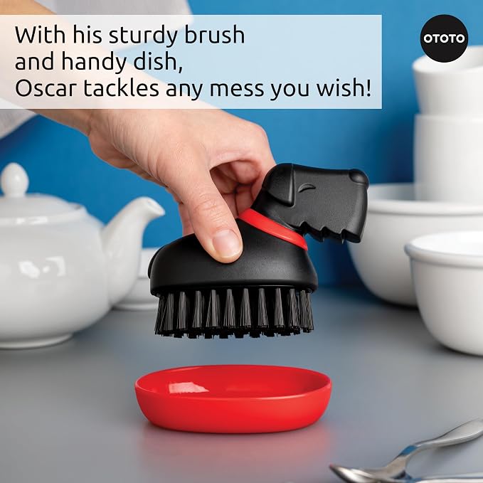(NEW) OTOTO Oscar Dog Dish Brush - Dog Gifts, Daschund, Wiener Dog, Dish Scrub Brush, Dish Scrubber, Kitchen Vegetable Scrub Brush Palm Brush, White Elephant Gifts, Cute Kitchen Gadgets