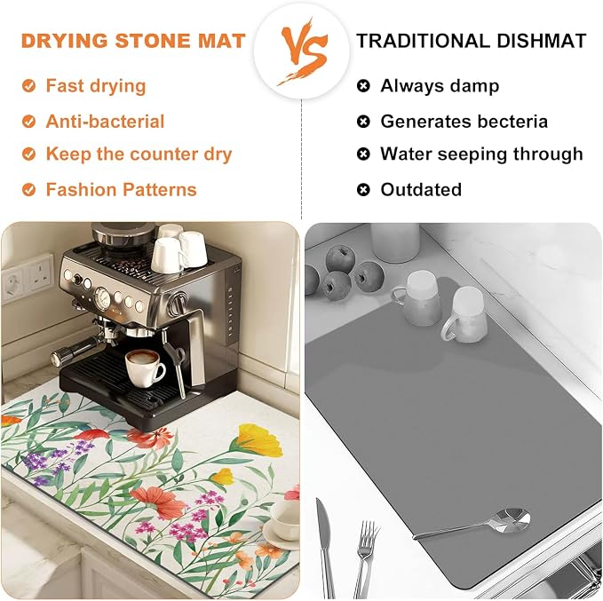 LOKHOM Dish Drying Mat for Kitchen Counter, 18"x24" Absorbent Coffee Bar Mat with Spring Floral, Dish Drainer Rack Mat for Kitchen Counter