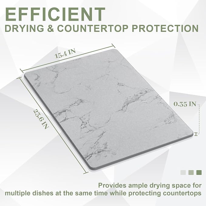 Large Stone Drying Mat for Kitchen Counter, 24" × 16" Diatomite Dish Drying Mat, Quick Dry Stone Mats, Ultra Absorbent Natural Diatomaceous Earth Mats for Dished, Bottles, Grey Marble