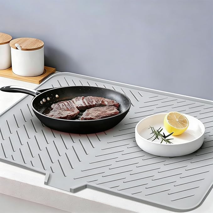 Silicone Dish Drying Mat for Kitchen Counter,23"X17" With Built-in Drain Lip,Food-Grade Silicone,Heat-Resistant Eco-friendly Hygienic Drying Mat Leak-Proof and Non-Slip,Multi-Functional Use（Gray）