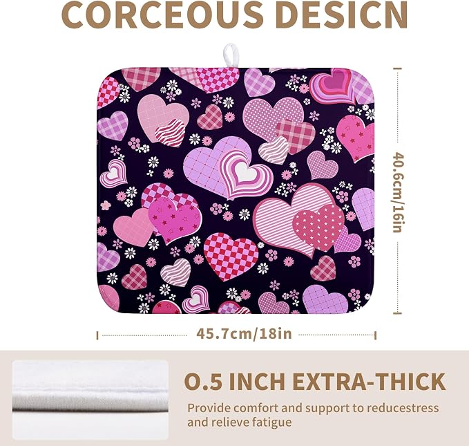 Valentine's Day Pink Love Heart Dish Drying Mat - Black Kitchen Microfiber Absorbent Drainer Rack Pad for Counter Decor - 16x18 In