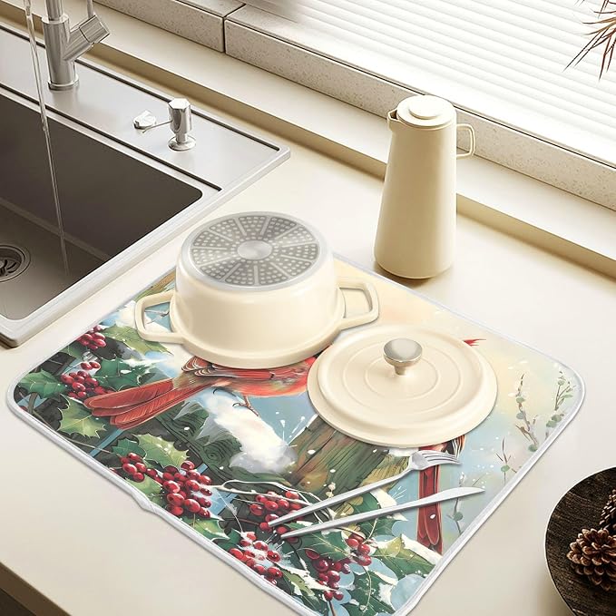 Winter Birds Snowflakes Berry Dish Drying Mat for Kitchen Counter Absorbent Microfiber Small Christmas Drying Pad Dish Mats for Kitchen Countertops 16 x 18 Inch