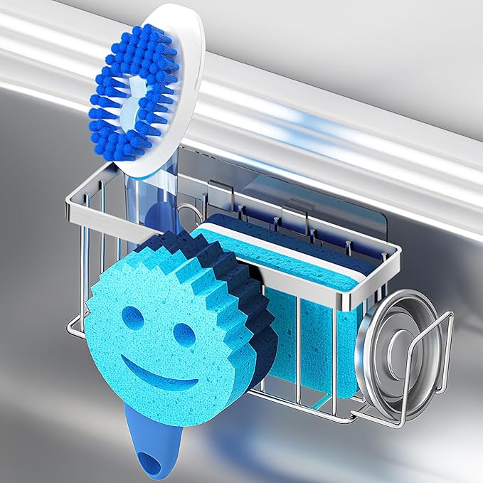 MURLONG Sponge Holder for Kitchen Sink,Sink Caddy Smiley Face,4-in-1 Sponge Holder with Suction Cups & 1 PCS Adhesive Strips for Holding Soap,Brush,Scrubber,Sponge,Stopper-Silver