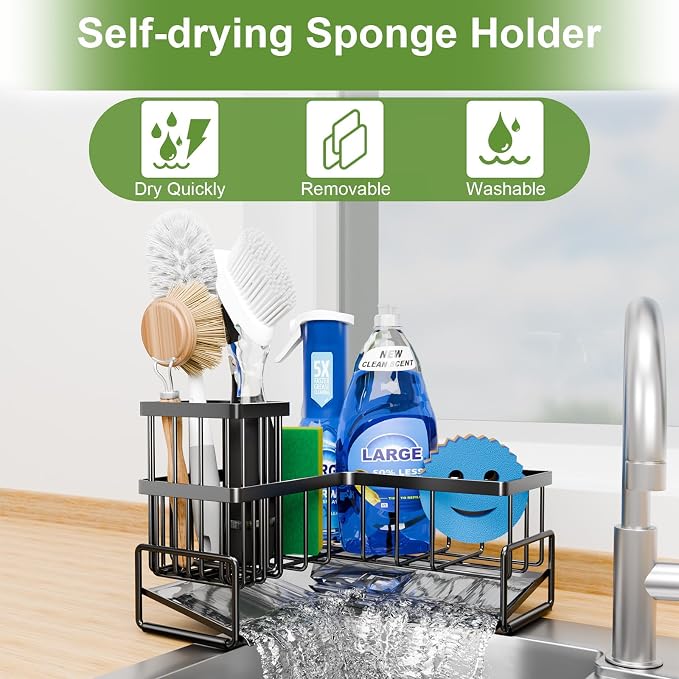 Fikoksol Large Sponge Holder for Kitchen Sink, 90-Degree Sink Caddy Organizer with Dish Brush Holder for Countertop Corner Storage Rack, Metal L-Shaped Kitchen Sink Sponge Soap Organizer Storage Ideas