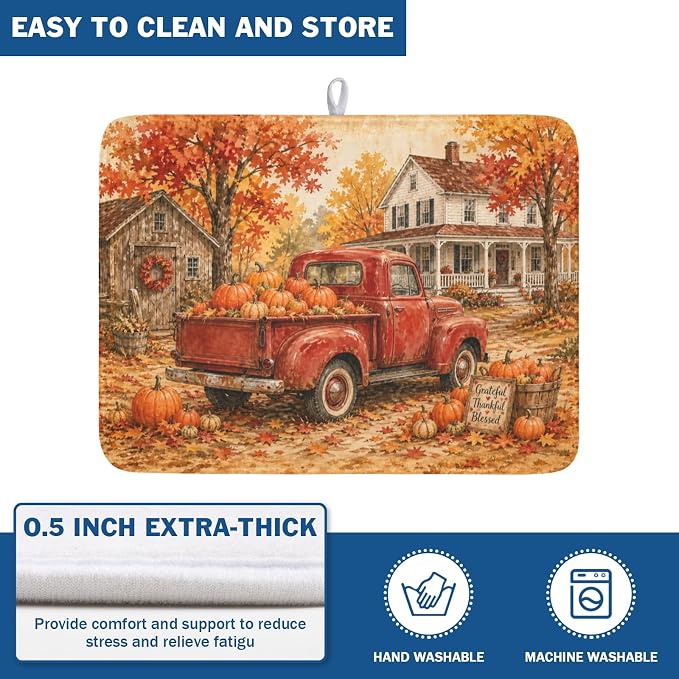 Fall Pumpkin Dish Drying Mat for Kitchen Counter Thanksgiving Autumn Harvest Pattern Microfiber Dish Drainer Mat Vintage Rustic Farmhouse Absorbent Washable Drying Pad 18"x24"