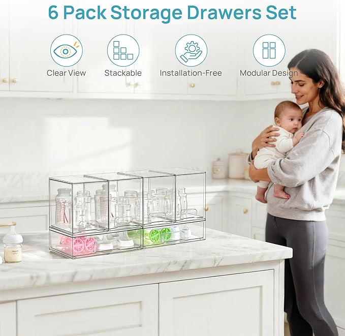 Vtopmart 6 Pack Baby Bottle Organizer Set, Stackable Storage Drawers Ideal for Kichen Countertop, Vanity, Bathroom, Cabinet, Pantry Organization