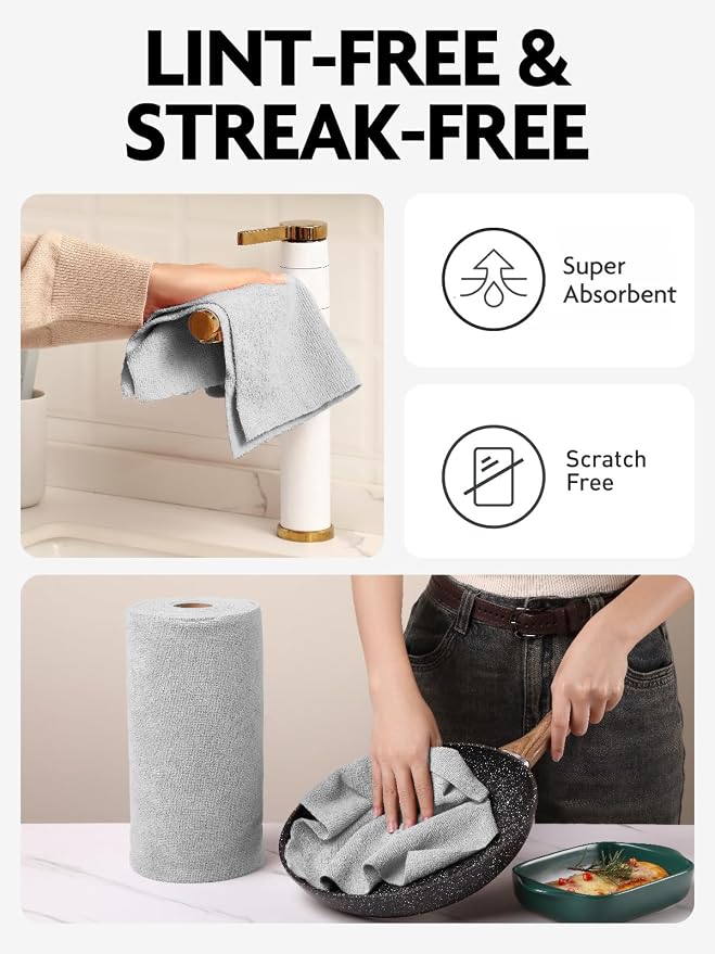 Fantasticlean Microfiber Cleaning Cloth Roll- 75 Sheets, 12" x 12" (Grey) | Super Absorbent, Lint-free, Tear-away Microfiber Towel Roll, for All-Purpose Cleaning, Reusable Alternative to Paper Towels
