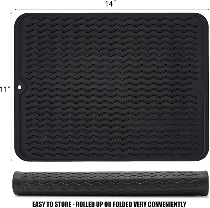 Large 14" x 11" Silicone Dish Drying Mat for Kitchen Counter, Easy clean, Quick Dry, Heat-resistant Dish Drainer Mat for Sink,Refrigerator or Drawer liner (Food Grade Silicone-Black)