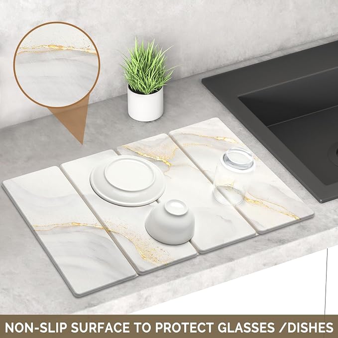 Large Stone Dish Drying Mat for Kitchen Counter, 2 PCS Quick Dry Stone Mats, Foldable Water Absorbing Diatomaceous Earth Drying Dishes Pad for Countertop Bottle Utensil Cup(Yellow White 24"x16"&8"x4")