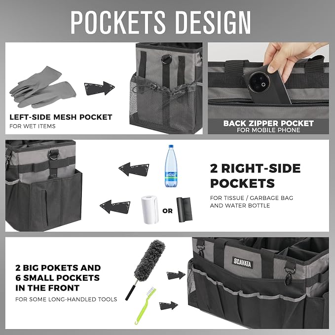 SCAVATA Wearable Cleaning Caddy Bag, Cleaning Caddy Supplies Organizer with Handle & Shoulder Straps for Housekeepers, Under Sink & Car Cleaning Tool Organizers with 4 Foldable Divider (DarkGrey)