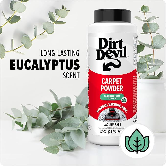 Dirt Devil Carpet Powder, 32 oz, Room Refresher and Odor Eliminator | Eucalyptus Scent, Vacuum Cleaner Safe, For Use on Carpets, Rugs, Upholstery and More, Carpet Freshener Powder for Home Use