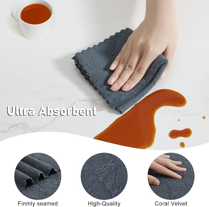 Homaxy Kitchen Towels and Dishcloths Set, 10 x 10 and 13 x 19 Inches, Set of 12 Super Soft and Absorbent Coral Velvet Kitchen Towels, No Lint and Nonstick Oil Fast Drying Dish Towel, Dark Grey