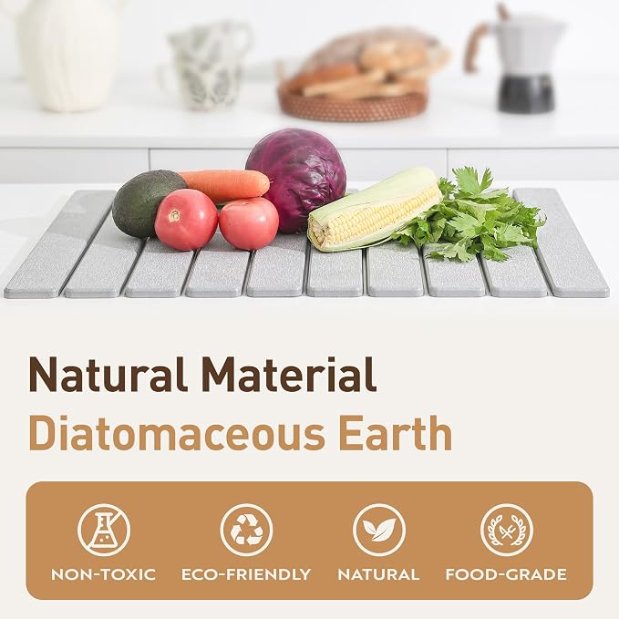 Large Stone Drying Mat for Kitchen Counter 24x16 Inch, Diatomaceous Earth Super Absorbent | Quick Dry Non-Slip Collapsible Dish Mat for Dishes Utensils Cups | Eco-Friendly Counter Protector, Grey