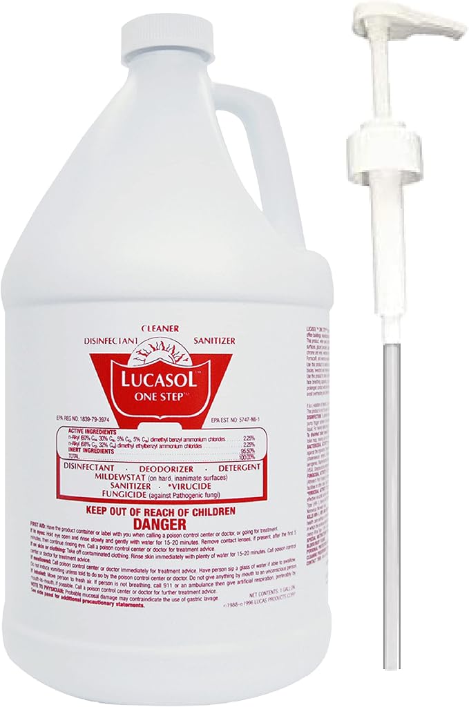 Lucasol One Step Disinfectant 1-Gallon with Attachable Pump Dispenser, All-Purpose Cleaner for Hospitals, Schools, Salons, Household Use and More