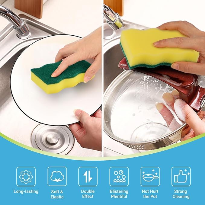 AIDEA Sponges Kitchen, 50-PK Heavy Duty Dish Sponge Kitchen, Scrub Sponges | Dish Sponges Stink-Free, Wavy Edge Cleaning Dish Scrubber Sponges for Home & Restaurant, Bathroom, Bulk Sponges for Pots/Pans