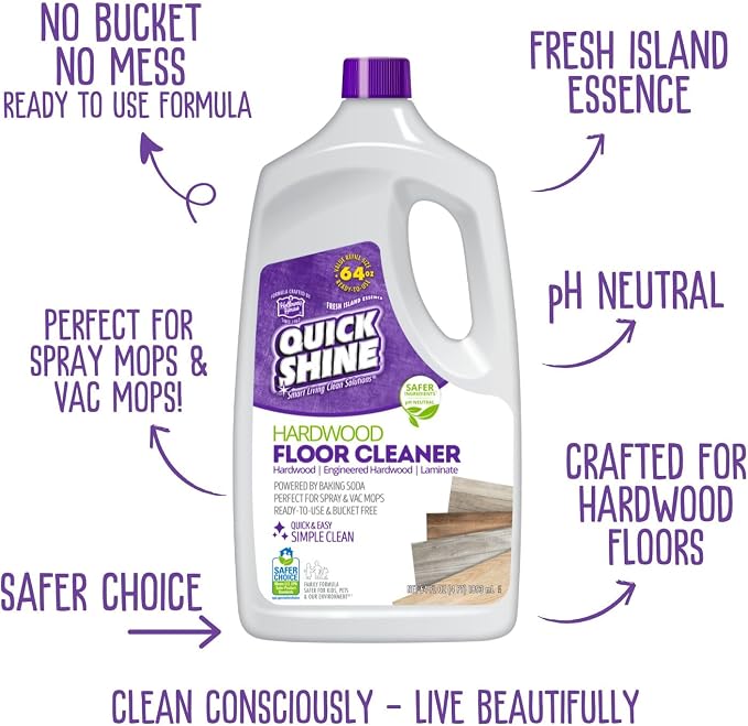 Quick Shine Hardwood Floor Cleaner 64 oz-4 Pk, Streak-Free, No Residue | Powered by Baking Soda, Fresh Island Essence, pH Neutral, No Rinse, PFAS & Ammonia Free, EPA Safer Choice Made in USA