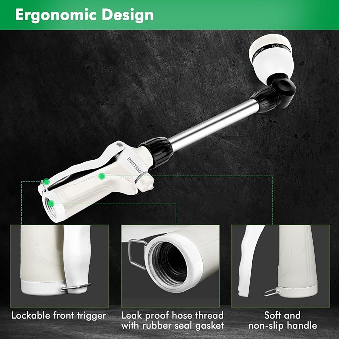 RESTMO Heavy Duty Metal Hose Wand, Watering Wand for Garden Hose | 180° Swivel Ratcheting Head, 16'' Hose Sprayer, 7 Spray Patterns, Flow Control, Ideal for Hanging Baskets & Shrubs, White