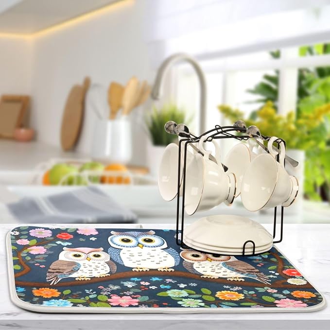 Dish Drying Mat Kitchen Counter Absorbent Three Owls Coffee Sink Mat Dish Drainer Pad 18 Inch x 16 Inch