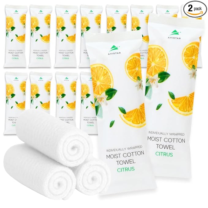 60 Hot or Cold Wrapped Moist Towels – 9'' x 9" Moist Towelettes Individually Wrapped Scented Disposable Face & Hand – Pre-Moistened Hand Wipes Soft Refreshing for Travel, Spa, Restaurant - Citrus