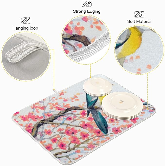 Absorbent Dish Drying Mat for Kitchen Counter - Watercolor Flowers and Birds Microfiber Drying Pad, Reversible Drainer Mats for Countertop, Small 16 x 18 inch