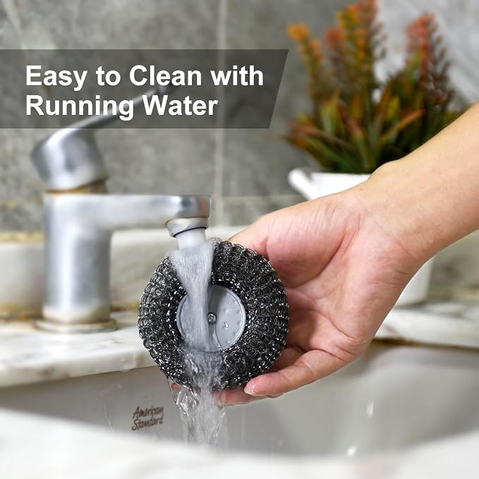 2Pcs Stainless Steel Scrubber with Handle, Steel Wool Scrubber Tool for Cleaning Dishes, Scrubbing Scouring Brush Pad for Kitchen Pots, Pans, Sink