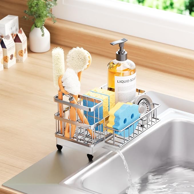 Consumest Sponge Holder for Kitchen Sink - Auto Draining Sink Caddy Organizer with Detachable Rack, High Brush Holder, Kitchen Countertop Storage Accessories, Silver
